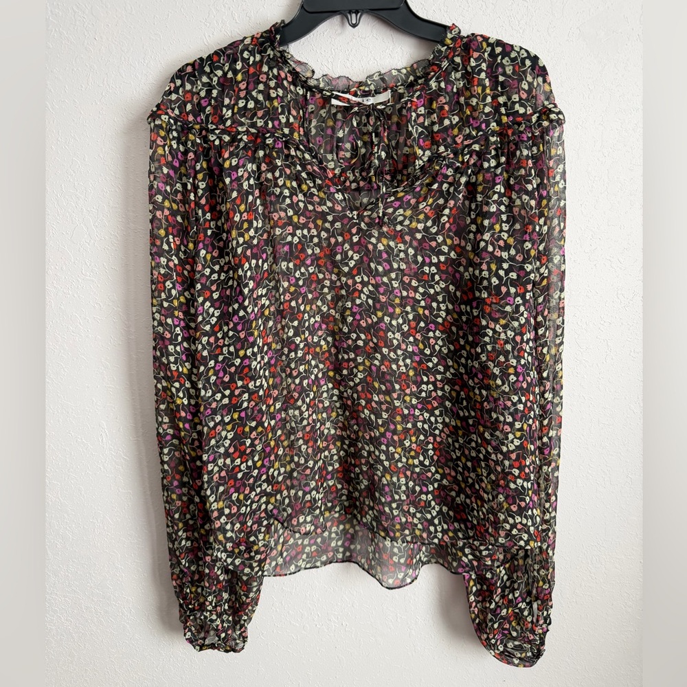 Joie Sheer Black Pink Floral Tie V-Neck Bishop Sleeve Blouse Womens M Preppy